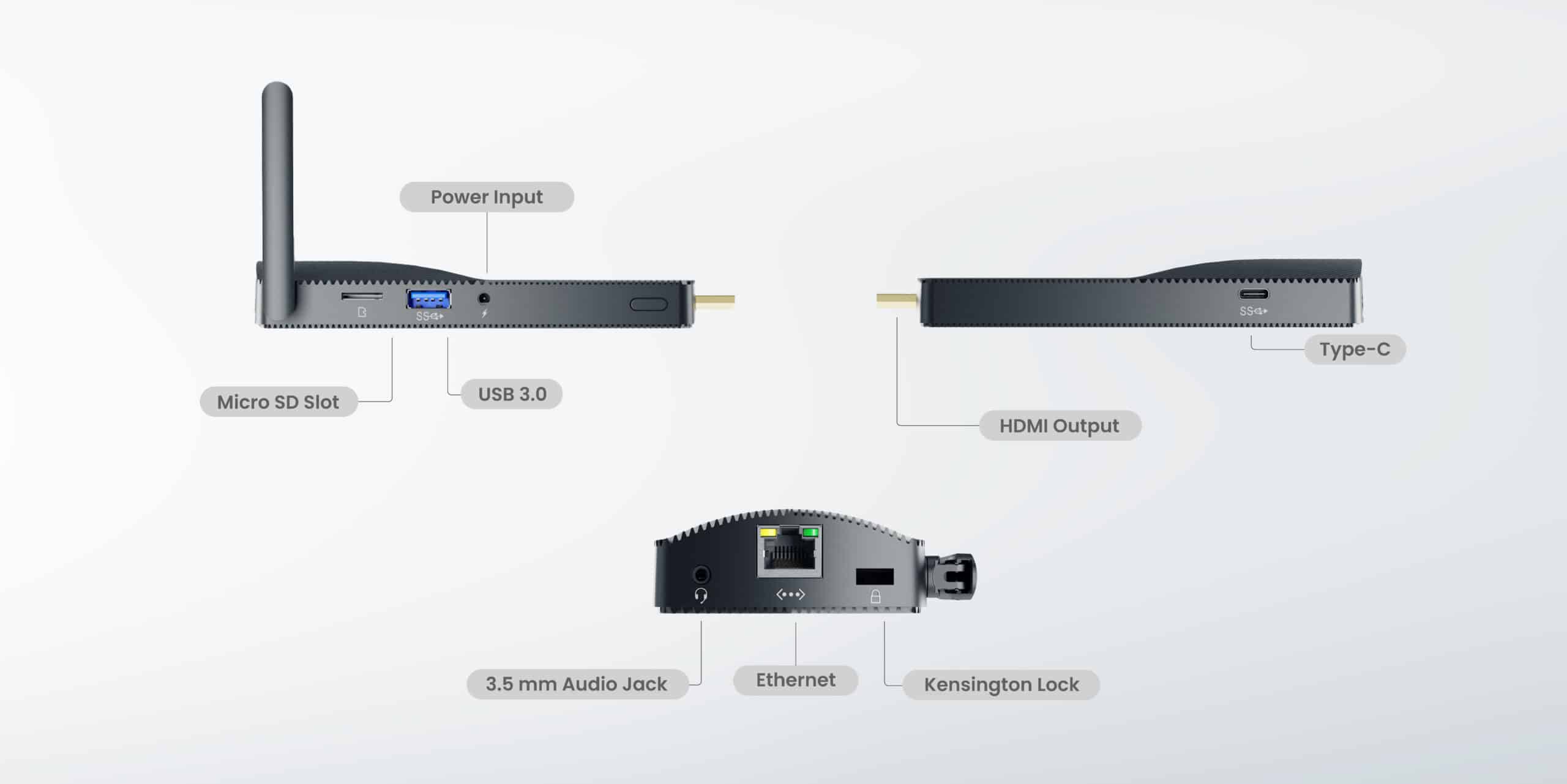 Azulle Access PRO in-box contents — mini PC stick, power adapter, and HDMI cable