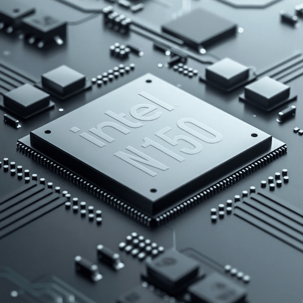 A close-up view of a computer chip labeled "N150" mounted on a circuit board with various electronic components and traces.
