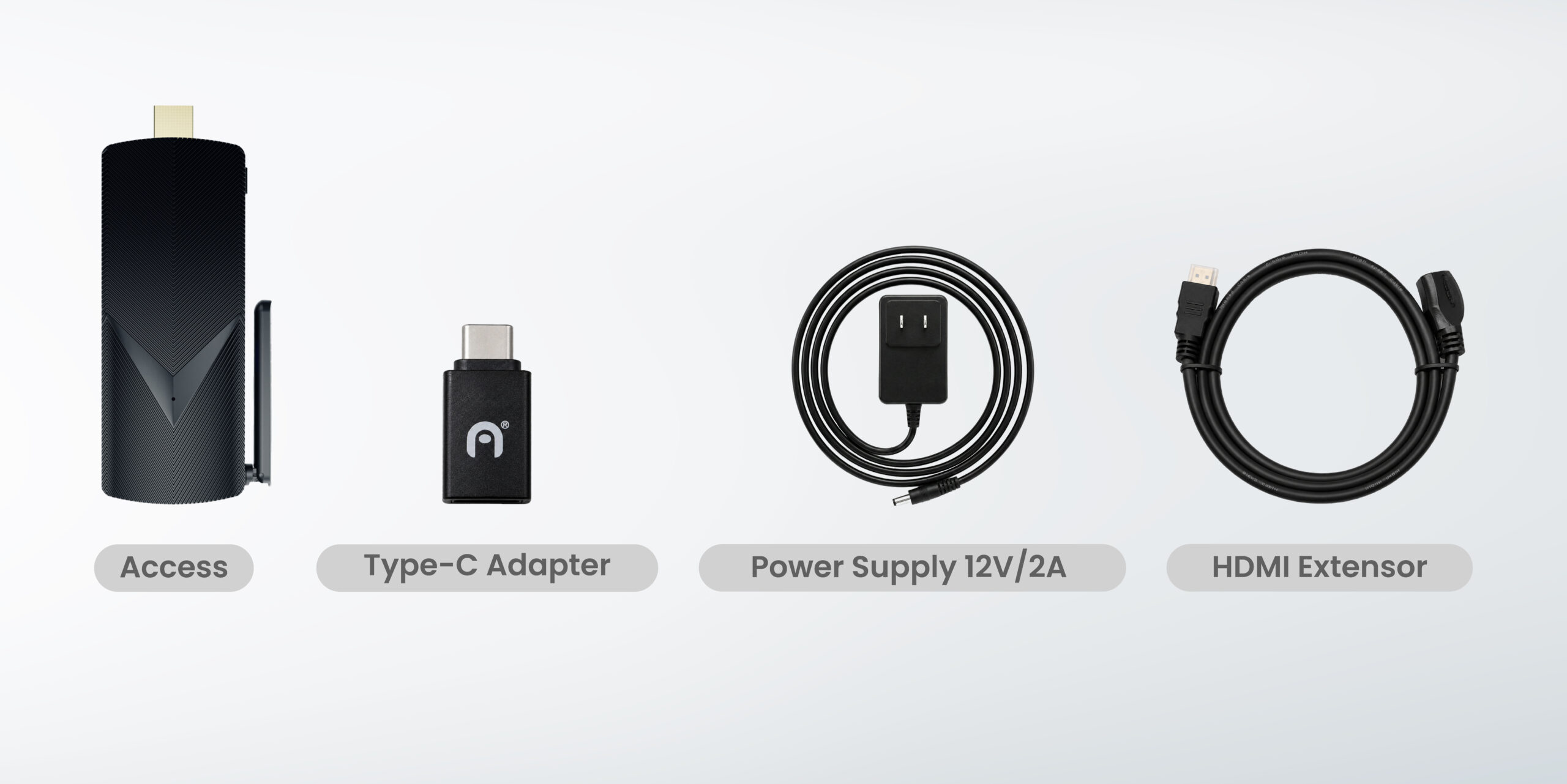 Azulle Access PRO in-box contents — mini PC stick,type-C adapter, power supply, and HDMI cable