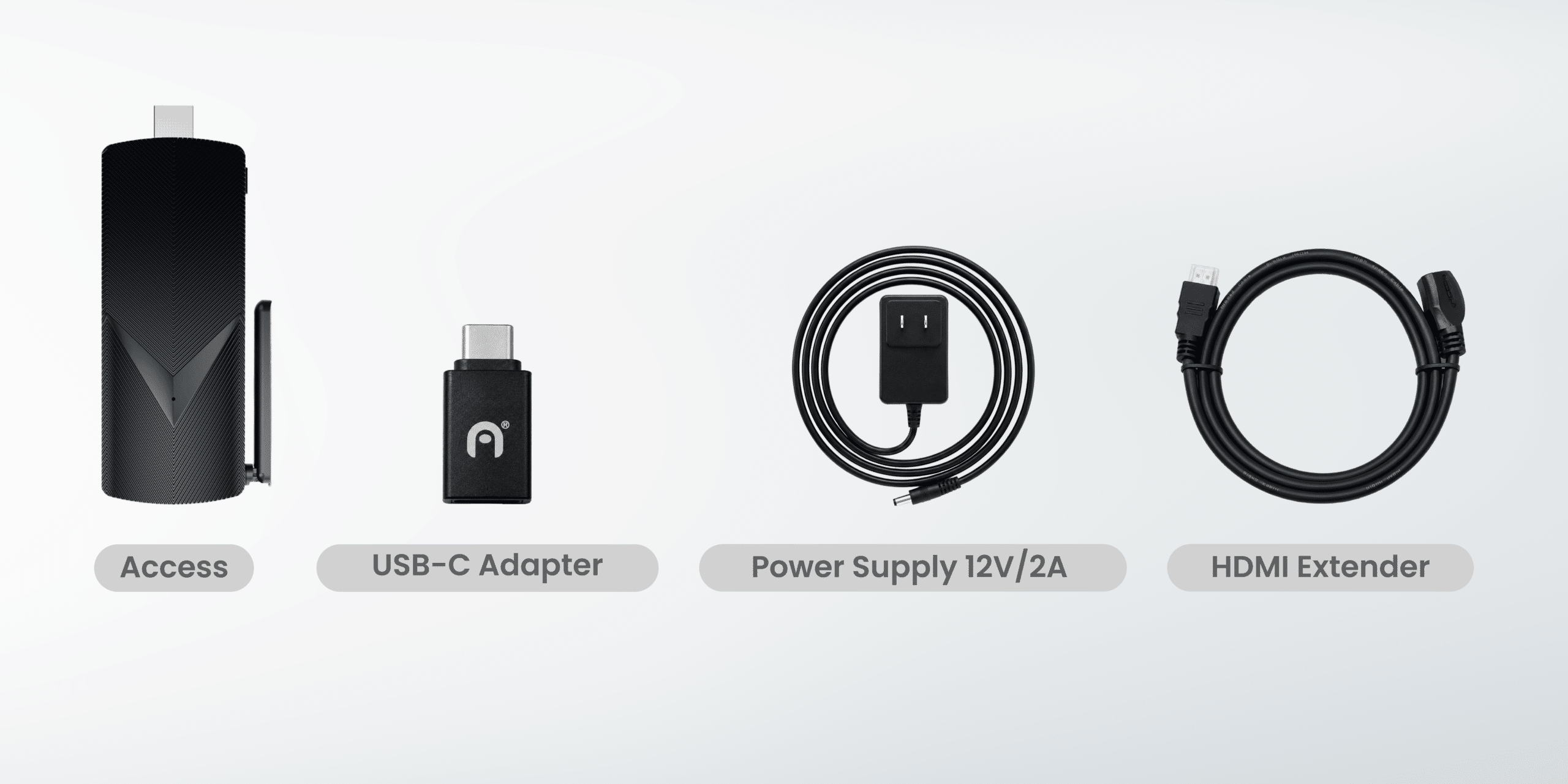 Azulle Access PRO in-box contents — mini PC stick, type-C adapter, power supply, and HDMI cable